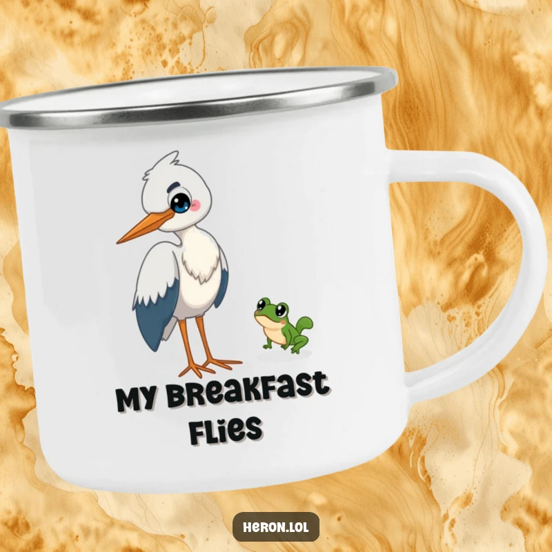 Funny Heron Camping Mug: A mischievous heron grins as a tiny frog makes a speedy escape into nature.