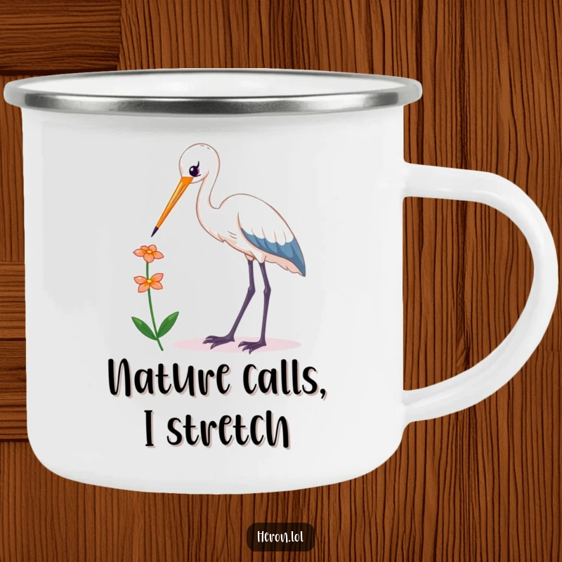 Funny Kawaii Heron Camping Mug: Rugged mug with a cute bird reaching for a flower, perfect for humorous outdoor sipping.