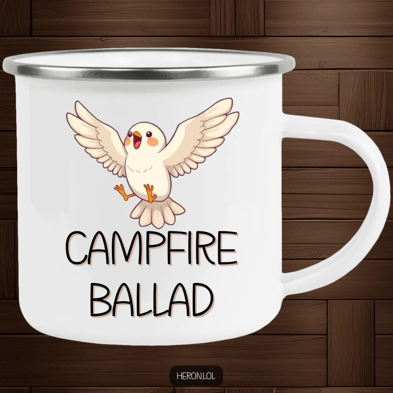 Funny camping mug featuring a bird in a joyous mid-song leap, wings spread wide, perfect for outdoor enthusiasts who love music.