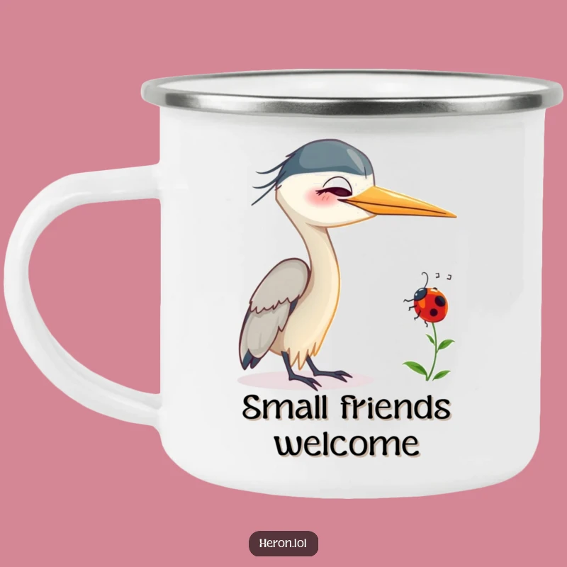Funny Smiling Heron Camping Mug: Ladybug Friend, Humorous Outdoor Drinkware