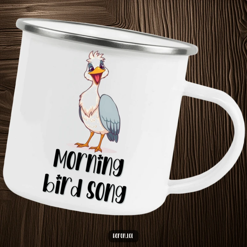 Funny goofy heron camping mug with a bird singing a loud song, designed for humorous outdoor enjoyment.
