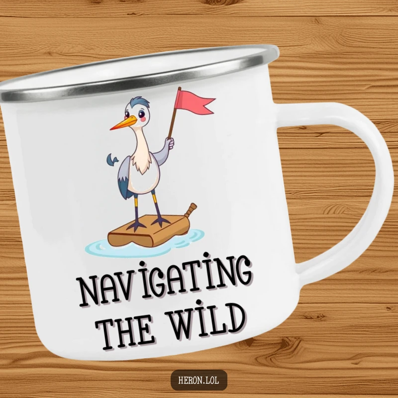 Funny Camping Mug featuring a happy heron on a tiny raft, holding a flag, perfect for outdoor enthusiasts who enjoy cheerful, humorous themes.