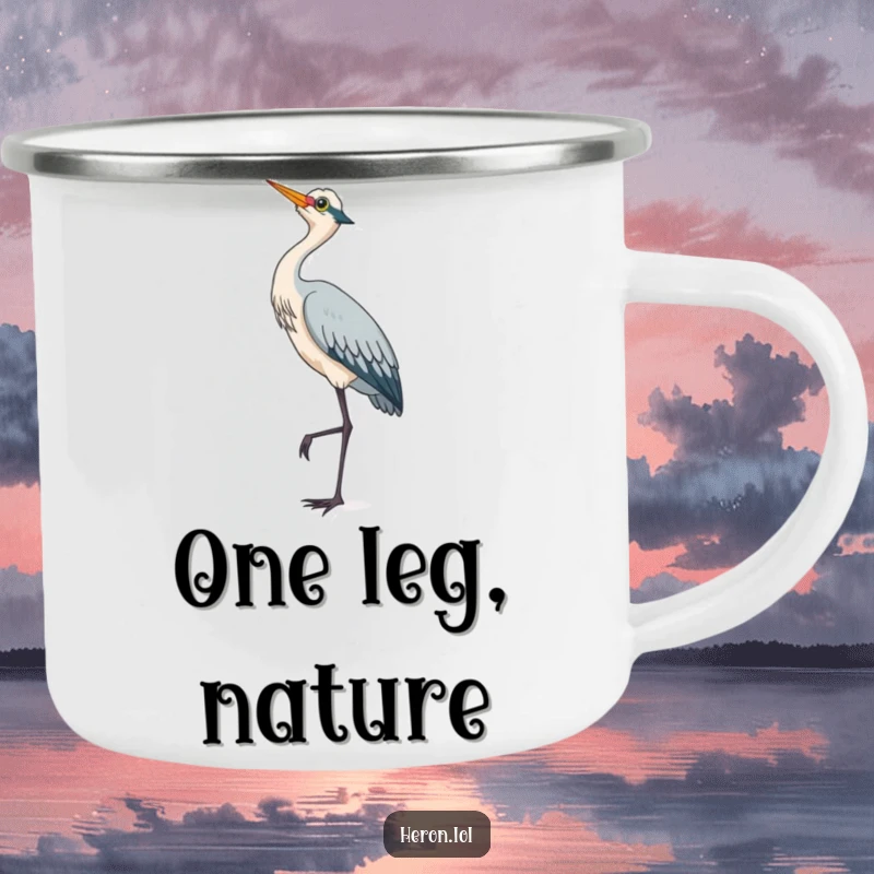 Cute heron bird standing on one leg, looking at the sky, a charming and durable camping mug.
