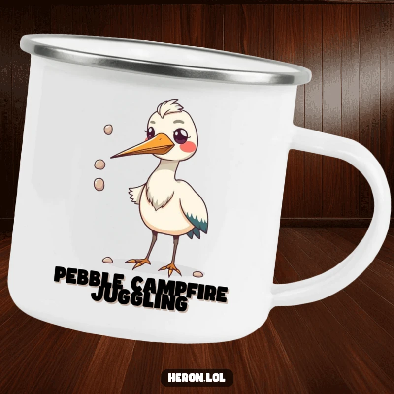 Funny camping mug featuring a kawaii heron bird with an oversized beak juggling pebbles, ideal for outdoor enjoyment.