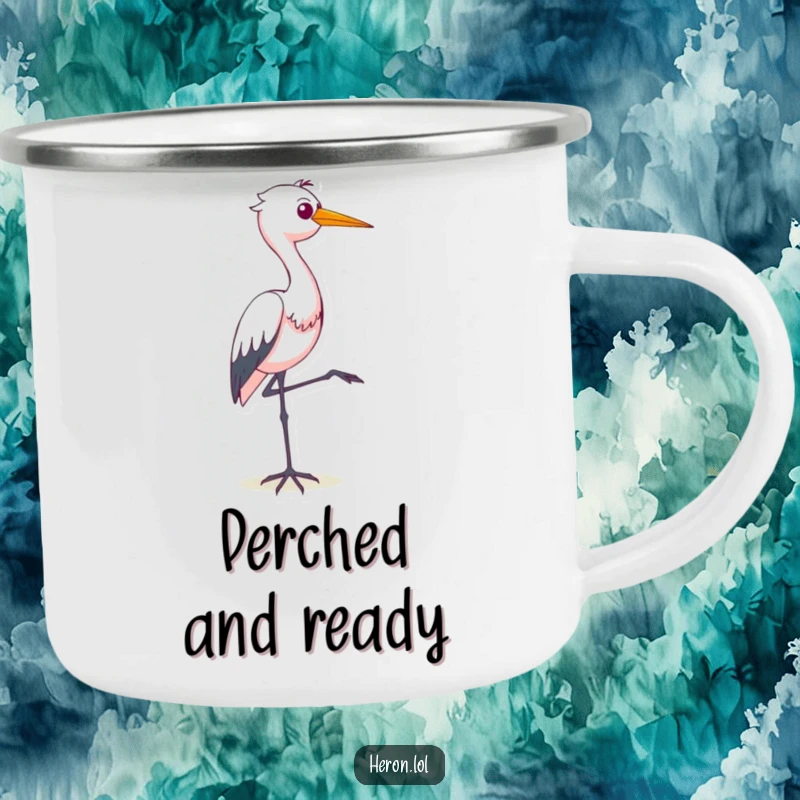 Funny camping mug featuring a smug heron balancing on one leg, designed for outdoor enthusiasts who appreciate a touch of hilarious attitude.