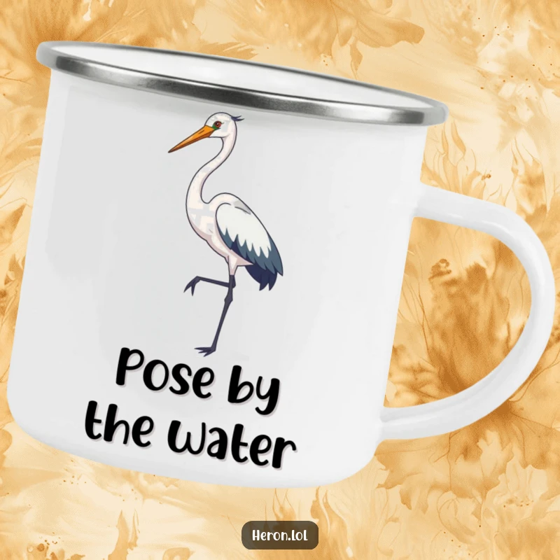 Funny heron camping mug, enamel mug, elegant bird posing on one leg, outdoor gear, humorous gift for nature enthusiasts.