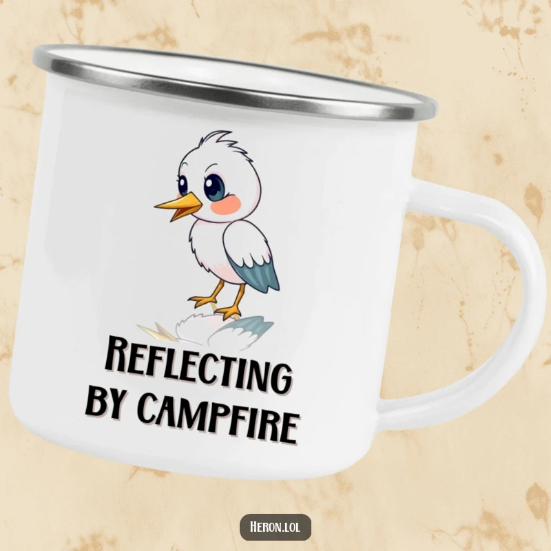 Funny camping mug featuring a cute heron bird with an astonished expression staring at its reflection, ready for camping fun.