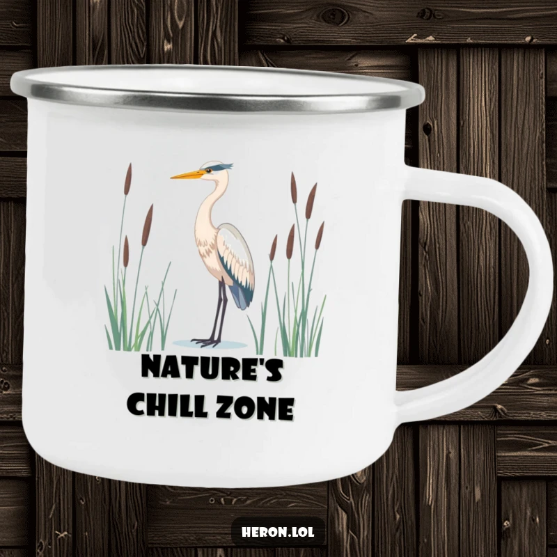 Serene heron bird campfire mug, majestic and standing tall amidst reeds, ideal for peaceful outdoor enjoyment.