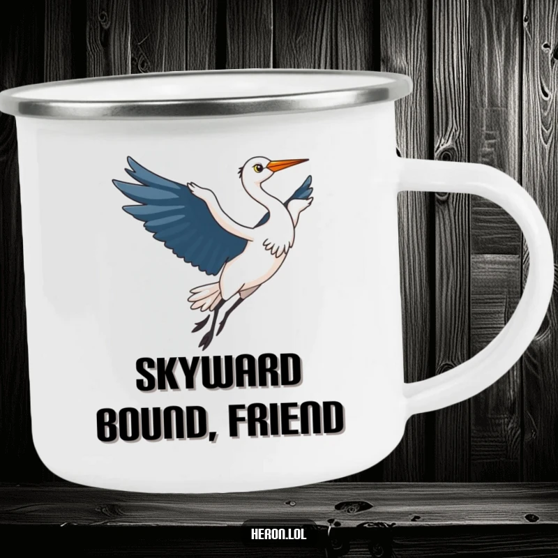 Funny Kawaii Heron Camping Mug: Cute heron bird in elegant flight, wings outstretched, perfect for humorous outdoor adventures.