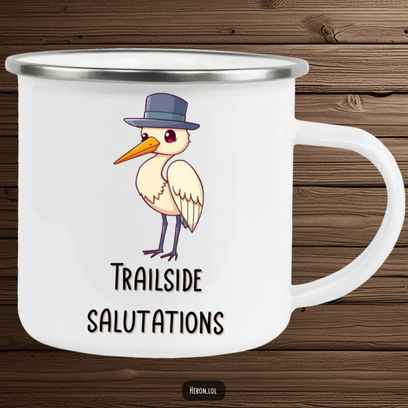 Funny enamel camping mug depicting a heron bird wearing a hat and tipping it politely, perfect for outdoor charm.