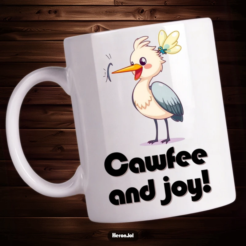 Funny heron mug, happy bird cawing at dragonfly, joyful nature cartoon, whimsical wildlife lover gift, unique present.