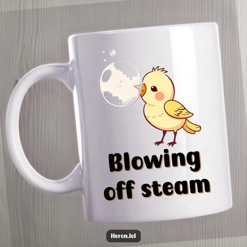 Funny mug showing a cheerful bird joyfully blowing a massive, iridescent bubble from its beak, a whimsical and lighthearted scene.