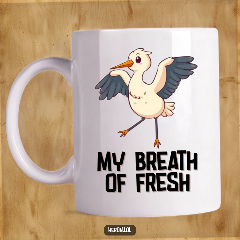 Funny Mug featuring a chubby heron with wings gently flapping, creating a soft breeze, embodying relaxed charm.