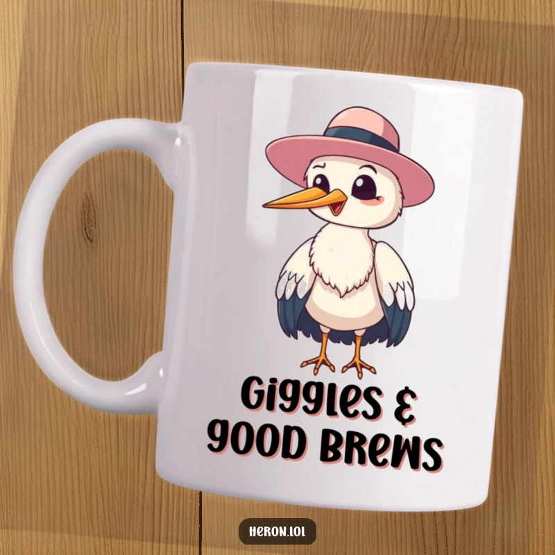 Funny heron bird giggling and tipping its floppy hat to the viewer, a cheerful and welcoming mug design.