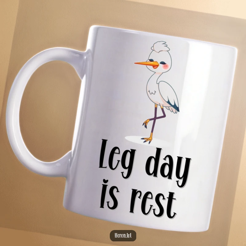 Funny Happy Heron Mug: Content bird standing peacefully on one leg, exuding calm and a humorous sense of well-being.