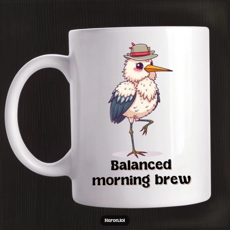 Funny fluffy heron bird standing proudly on one leg, balancing a small hat, elegant and humorous, perfect for bird enthusiasts, a unique gift.