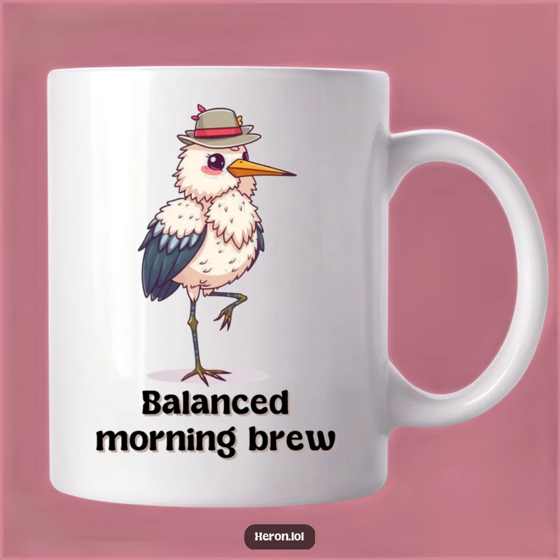 Funny Heron Balance Mug: Proud Bird One Legged Hat Gift