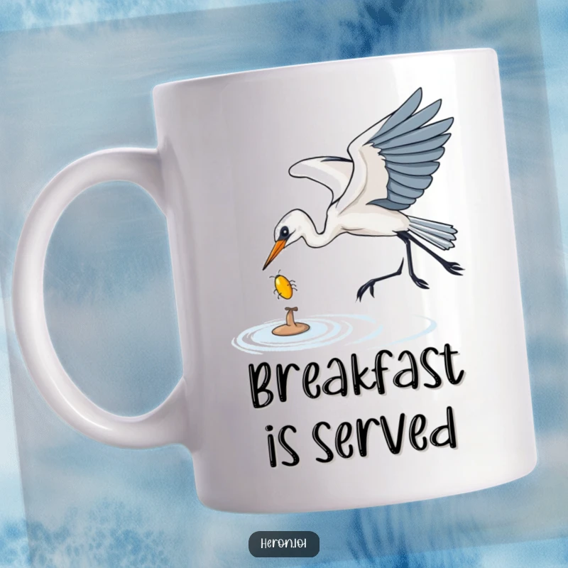 Funny Mug showing a heron gracefully swooping down to expertly catch a shiny bug in its beak, highlighting precision and comedic timing.