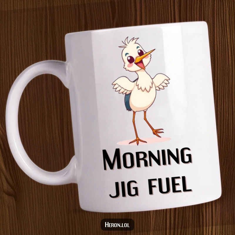 Funny Mug showing a delighted heron performing a silly tiptoe dance, radiating pure, comical joy.