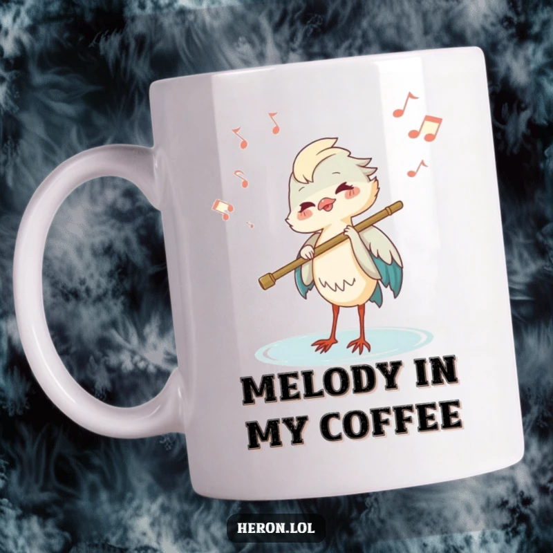 Funny joyous heron playing a flute made of a reed, with musical notes floating, musical bird mug.