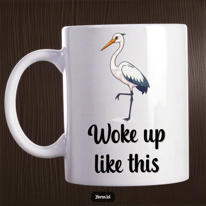 Funny heron mug, elegant bird posing on one leg, graceful long neck curved, sophisticated cartoon character, unique gift.
