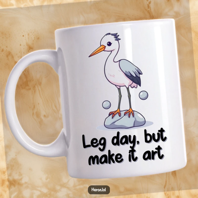Funny mug showcasing a clumsy heron with legs in the air, desperately juggling three shiny stones with a comical, focused expression.