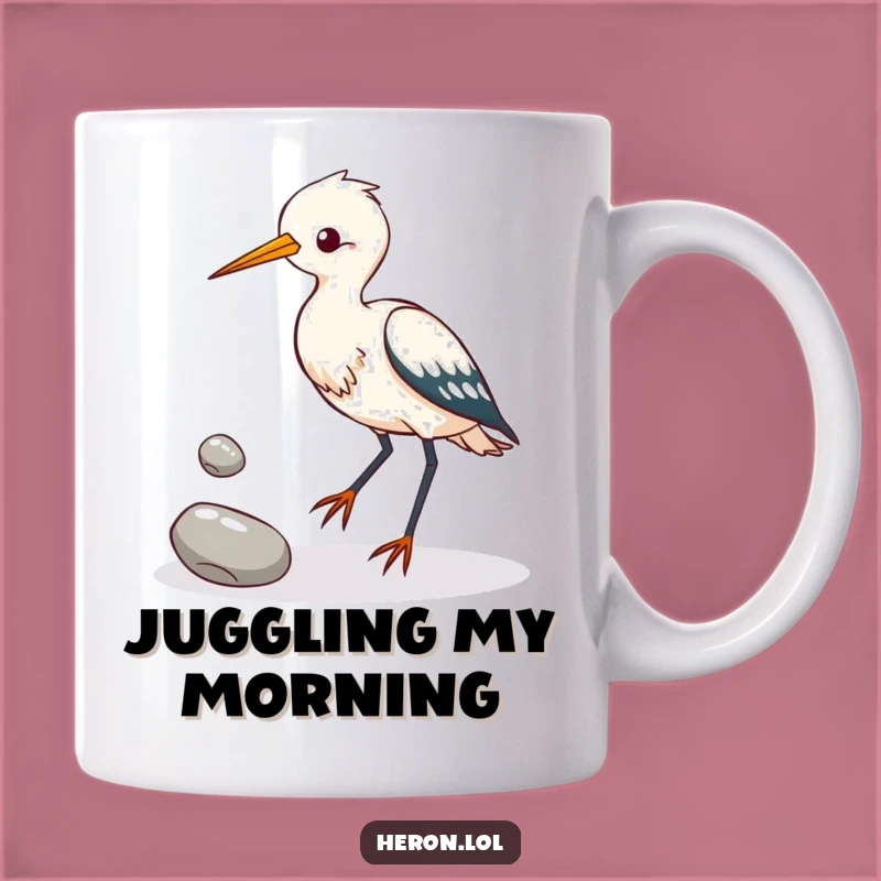 Funny Heron Juggling Pebbles Mug: Talented Bird Humor, Perfect Funny Gift!