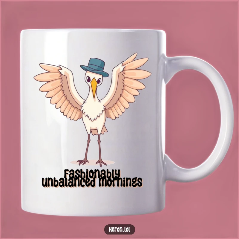 Funny Heron Mug: Awkward Hat Balance - Comical Bird Gift