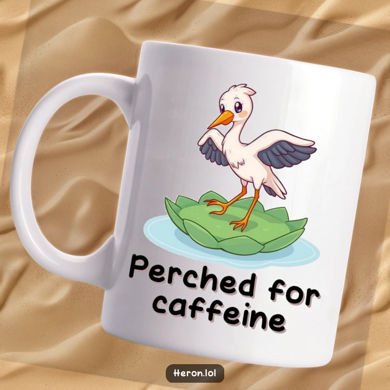 Funny Heron Mug: A delighted bird gracefully lands on a floating lily pad, capturing a peaceful and humorous moment.