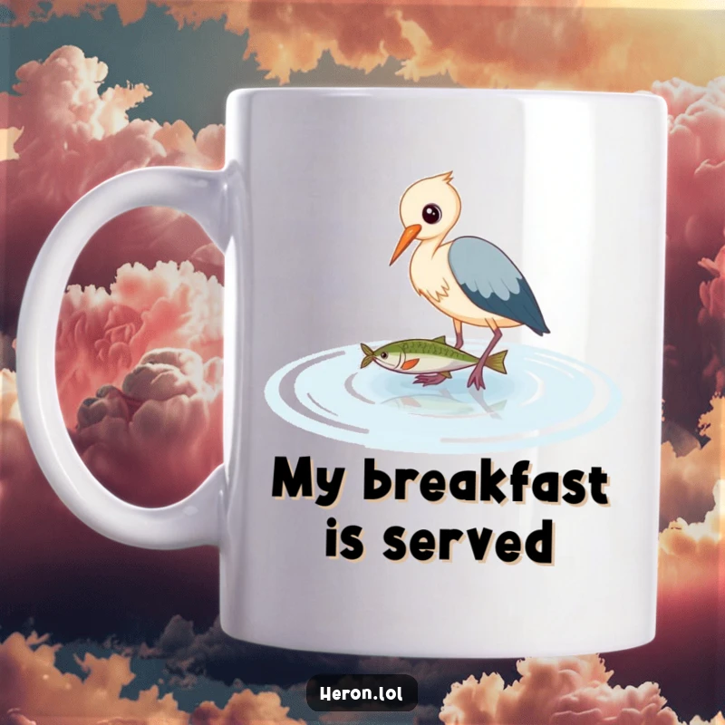 Funny Heron Mug: Cute bird wading gracefully in shallow water, catching a fish, embodying patience with a humorous twist.