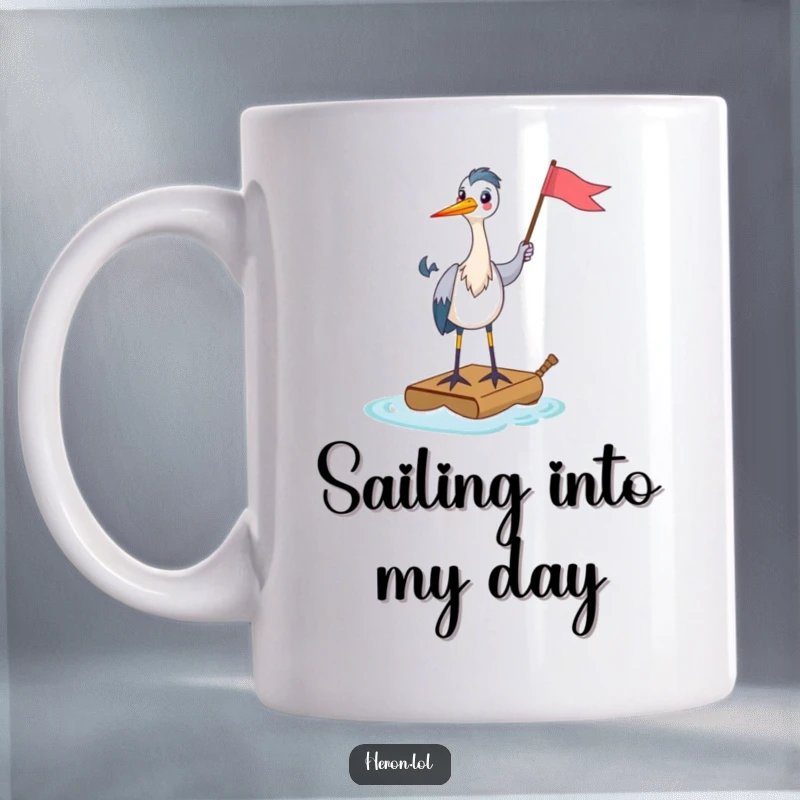 Funny Mug with a happy heron standing confidently on a tiny raft, proudly holding a flag, exuding cheerful leadership and ambition.
