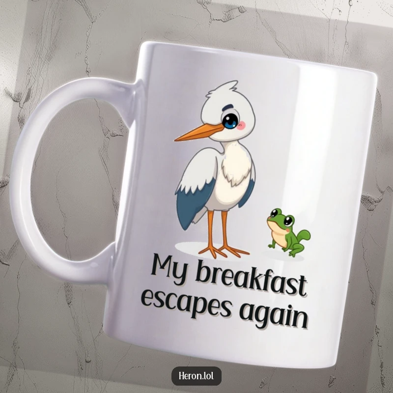 Funny Heron Mug: Mischievous heron with a sly grin watches a tiny frog leap away in a comical chase.