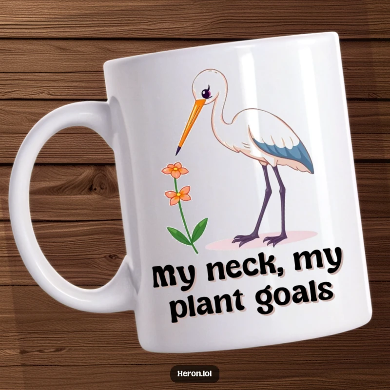 Funny Kawaii Heron Mug: Cute bird with long neck gracefully reaching for a tiny flower, expressing gentle humor.