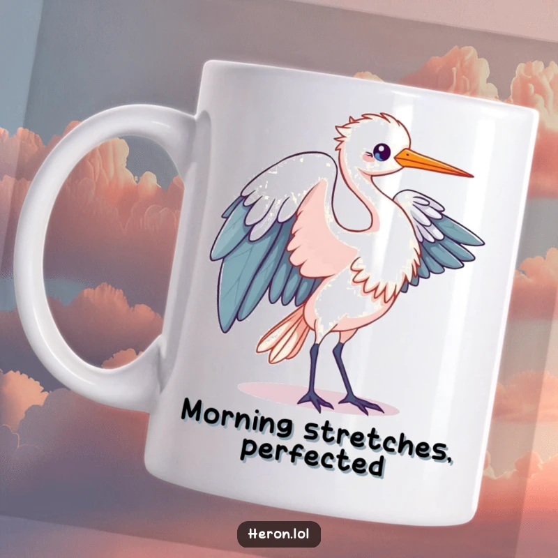 Funny Kawaii Heron Mug: Cute bird in elegant wing unfurling motion, capturing graceful humor and beauty.