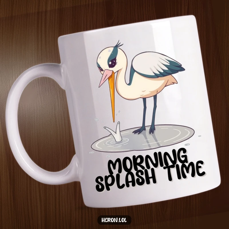 Funny Playful Heron Mug: Energetic bird dipping its beak into a puddle with a splash, capturing a moment of humorous fun.