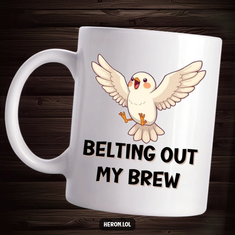 Funny mug depicting a bird joyfully leaping into the air with wings spread wide, captured mid-song with ecstatic expression.