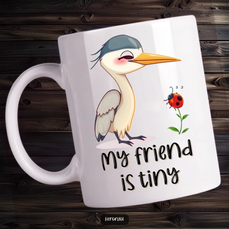 Funny Smiling Heron Mug: Gentle bird with a ladybug on its neck, smiling, embodying a humorous and heartwarming connection.