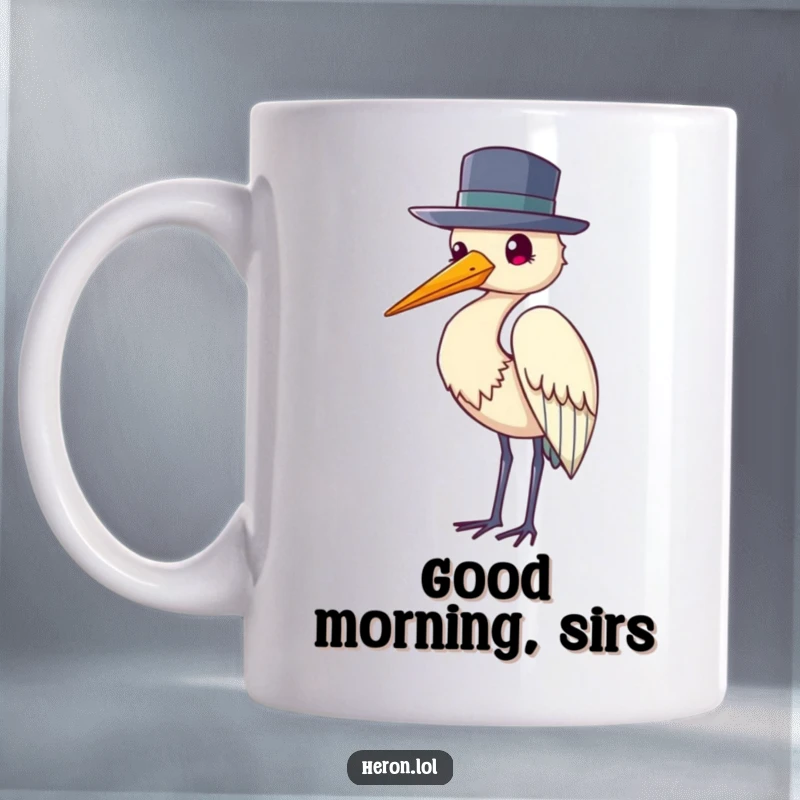 Funny mug of an elegant heron bird wearing a small hat and politely tipping it with its wing.