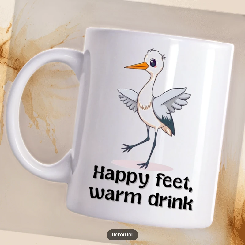Funny mug showing a heron playfully tiptoeing with long legs, a big smile, and eyes sparkling with pure, unadulterated joy and mischief.