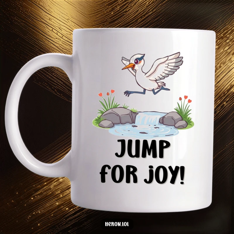 Funny Mug depicting an energetic heron mid-leap over a sparkling stream, full of life and playful movement.