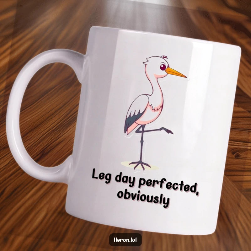Funny mug showcasing a smug heron artistically balancing on one leg with a confident expression, perfect for bird lovers.
