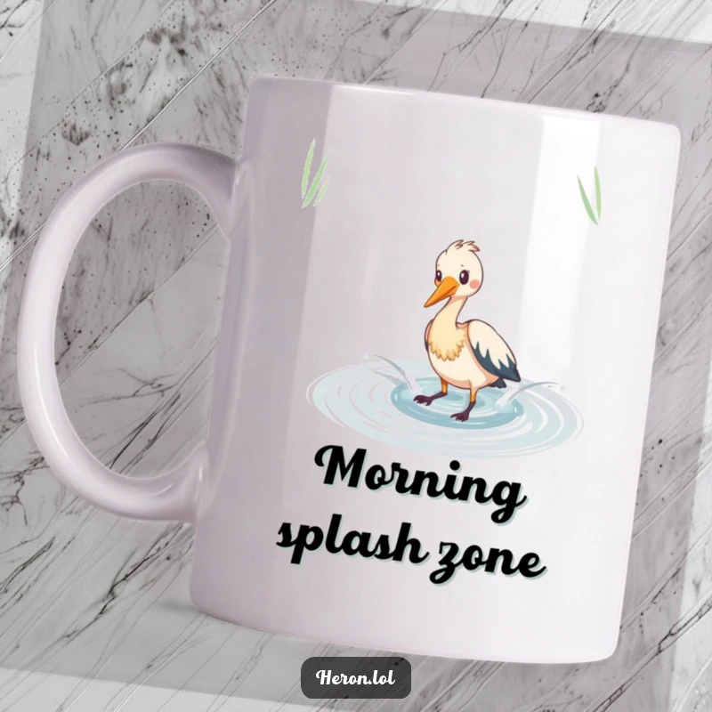 Funny heron bird mug showing playful splashing in a shimmering pond, capturing joyful and humorous water fun.