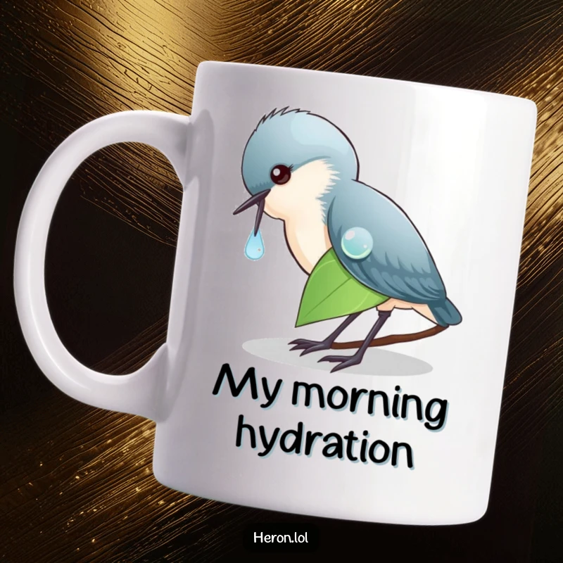 Funny Mug featuring a heron delicately pecking a glistening dewdrop on a leaf, showcasing patience and a hint of morning mischief.