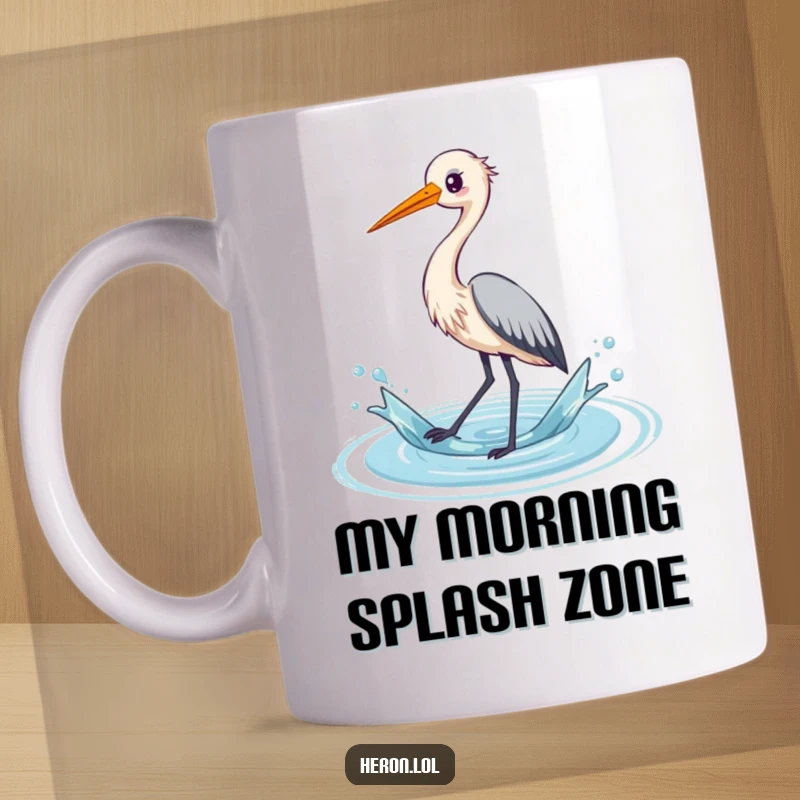 Funny kawaii heron mug featuring the bird playfully splashing water with its long legs, radiating pure joy and whimsical energy.