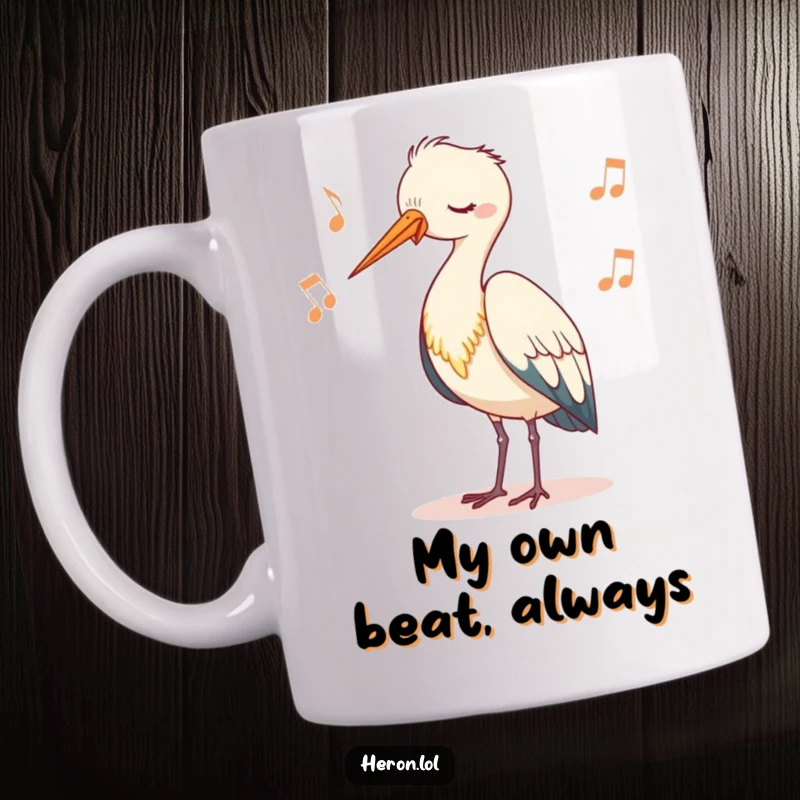 Funny mug featuring a cute heron character bobbing its head rhythmically to an imaginary song, conveying peaceful, nature-inspired fun.