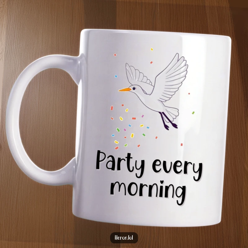 Funny Mug depicting a happy heron flying gracefully, leaving a vibrant trail of colorful confetti in its wake, symbolizing celebration.
