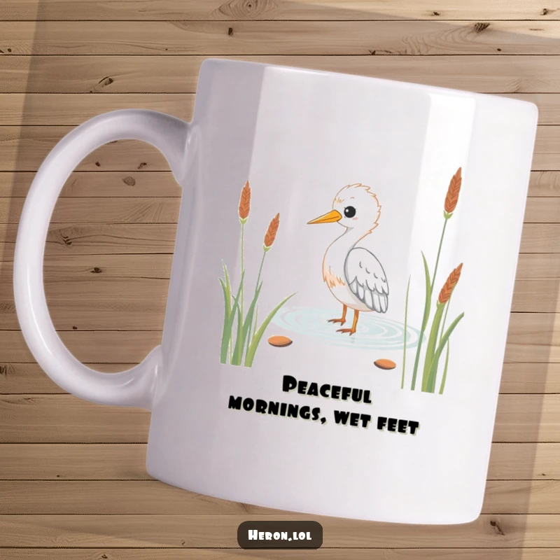 Funny Kawaii Heron Mug: Cute bird wading serenely through reeds, offering peaceful humor and a moment of calm.
