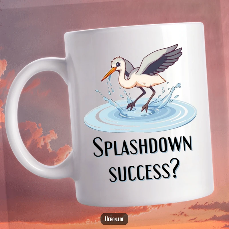 Funny Clumsy Dive Heron Mug: A heron performs an awkward dive into a puddle, spraying water everywhere messily.