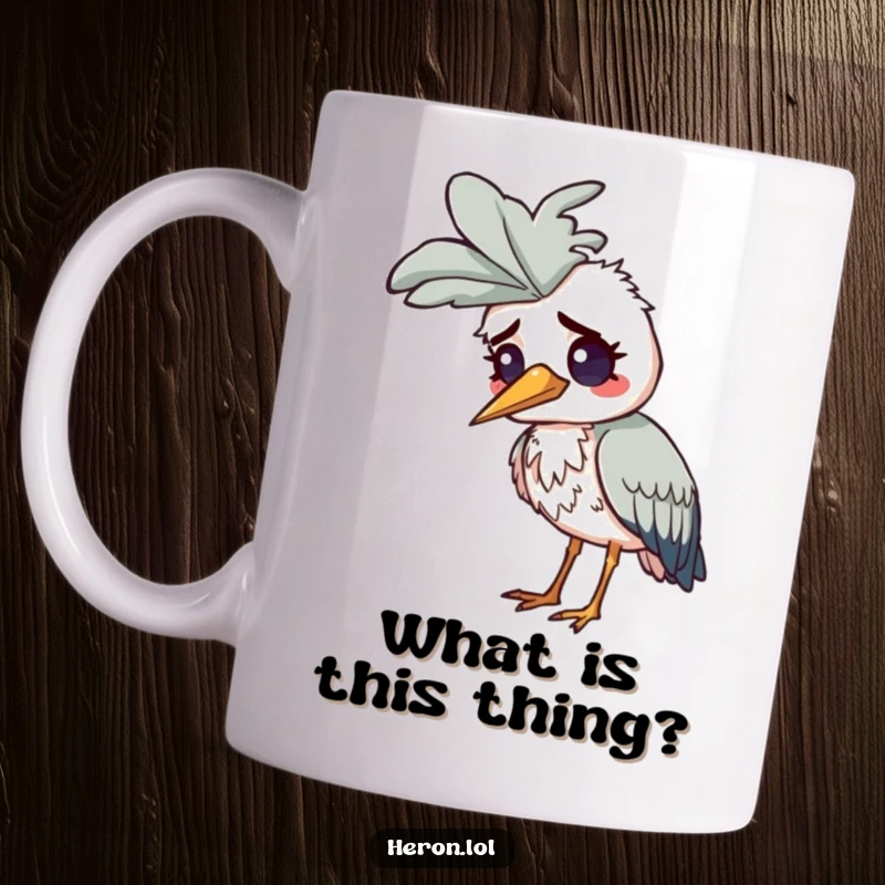 Funny Confused Heron Mug: A heron looks bewildered with a comically large feather stuck awkwardly on its head.