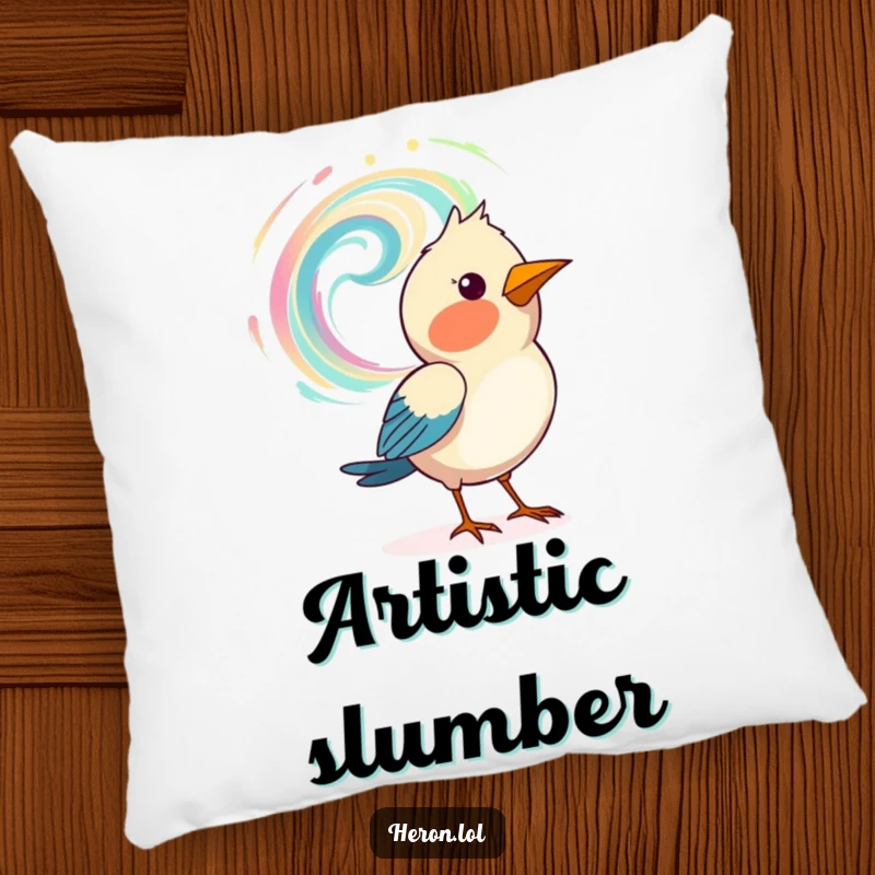 Funny decorative pillow featuring a bird artistically painting a swirling pattern in the air, offering comfort and creative vibes.
